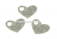 Tag, heart, rhodium-plated 925 silver, 7mm - x1