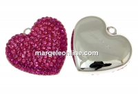 Swarovski, pavé pendant rhodium-plated, heart, fucsia, 20mm - x1