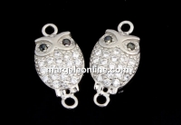 Link, owl with crystals, 925 silver rhodium plated, 14mm  - x1