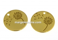 Pendant, dandelion coin, 925 silver gold plated, 14mm  - x1