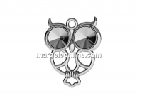 Pendant base, rhodium plated 925 silver, owl, rivoli 6mm - x1