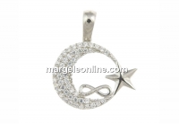 Crescent moon pendant with crystals, rhodium plated 925 silver, 21mm  - x1