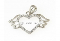 Angel heart pendant with crystals, rhodium plated 925 silver, 21mm  - x1