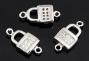 Link, lock with crystals, 925 silver rhodium plated, 13mm  - x1