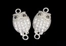 Link, owl with crystals, 925 silver rhodium plated, 14mm  - x1