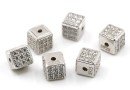 Decorative beads, cube with crystals, 925 rhodium-plated silver, 5.5mm - x1