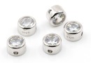 Decorative beads, disc with crystal, 925 rhodium-plated silver, 5.5mm - x1